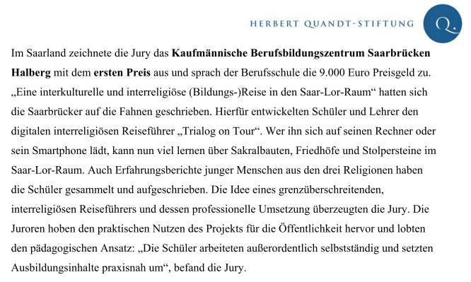 Auszug aus der Laudatio bei der Verleihung des Preises an das KBBZ Halberg